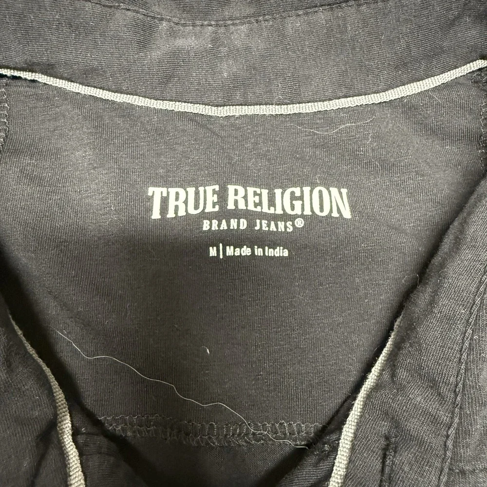 True Religion Polo Shirt Mens Medium Black Collared‎ Ribbed Cuffs Short Sleeve